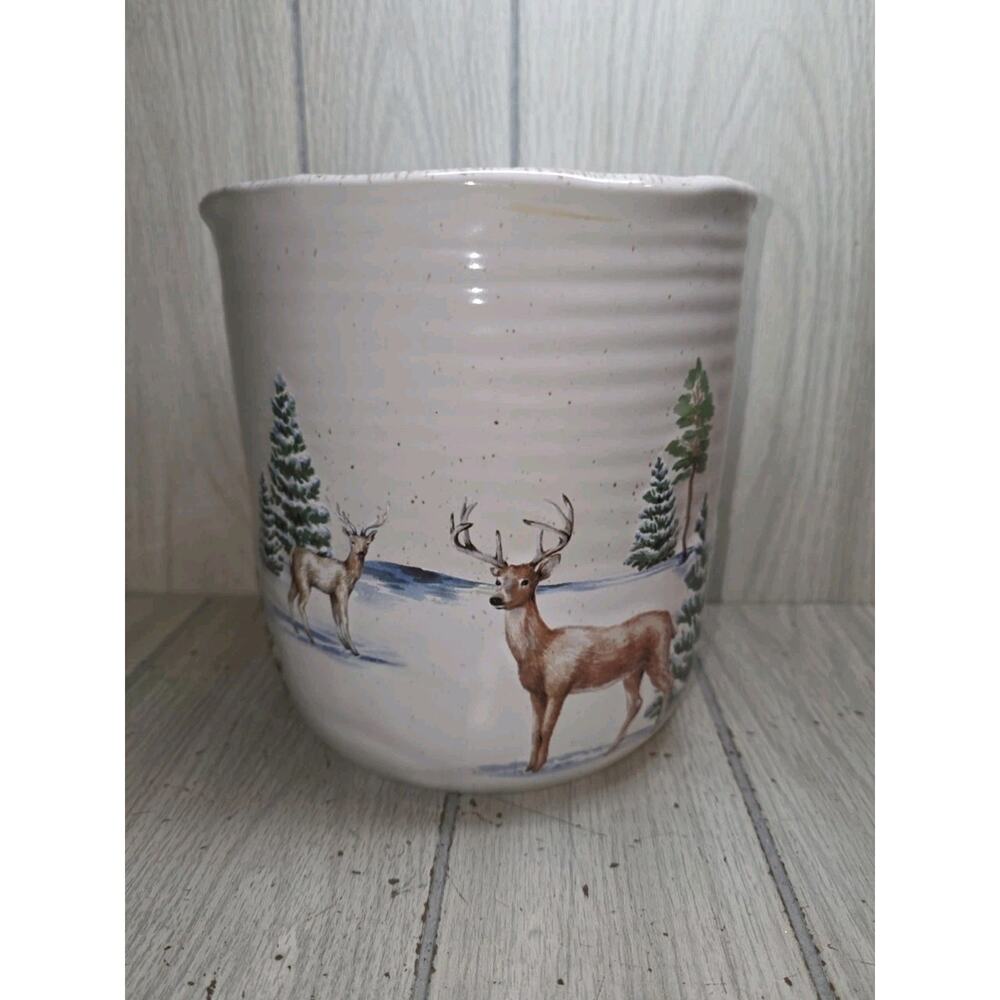 St. Nicholas Square Winter White Country Croc Jar Forest Cabin Deer Planter